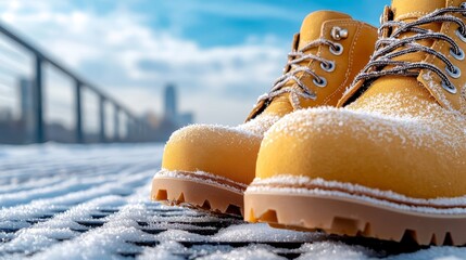 A pair of yellow boots sitting on top of a snow covered ground