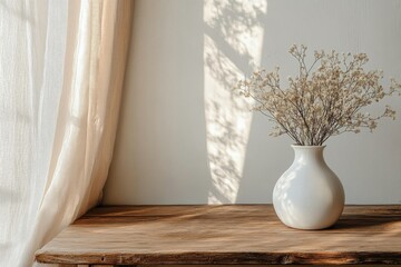 Elegant white vase with blooming branches on wooden table in minimalist setting