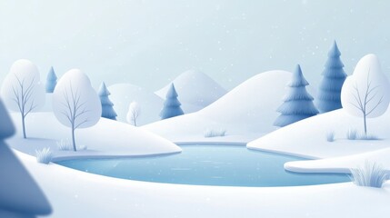 Illustration of a snowy landscape with rolling hills, snow-covered trees, and a frozen lake, snowy landscapes, snow-covered hills, wintry wonderlands
