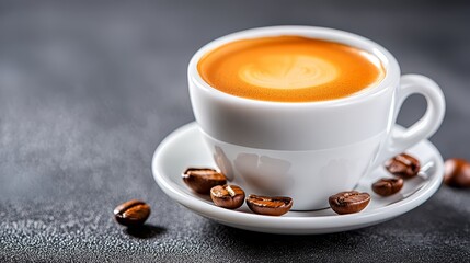 A cup of coffee with coffee beans on a saucer