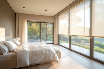 Bright and airy bedroom features large windows showcasing nature