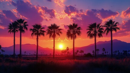 Obraz premium Sunset over mountains and palm trees creating a serene tropical landscape at dusk