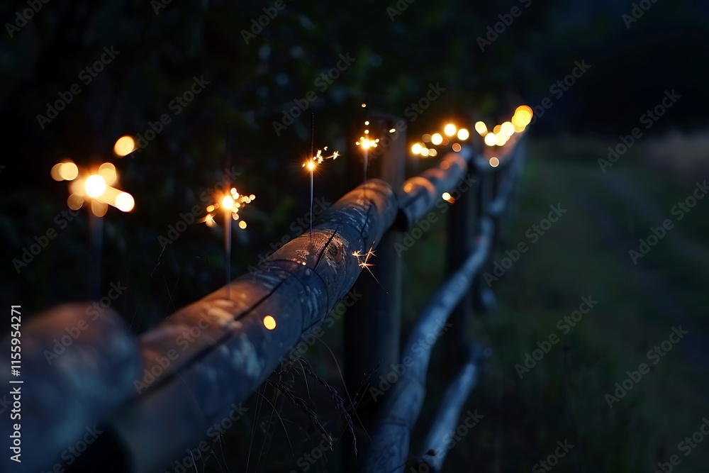 Poster sparklers placed in a line on a fence, all lit and creating a line of light.