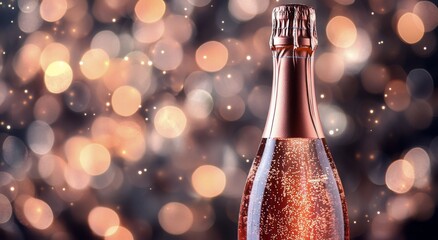 Sparkling rose champagne bottle with golden bokeh background creates a festive atmosphere