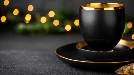 A black cup and saucer sitting on top of a table