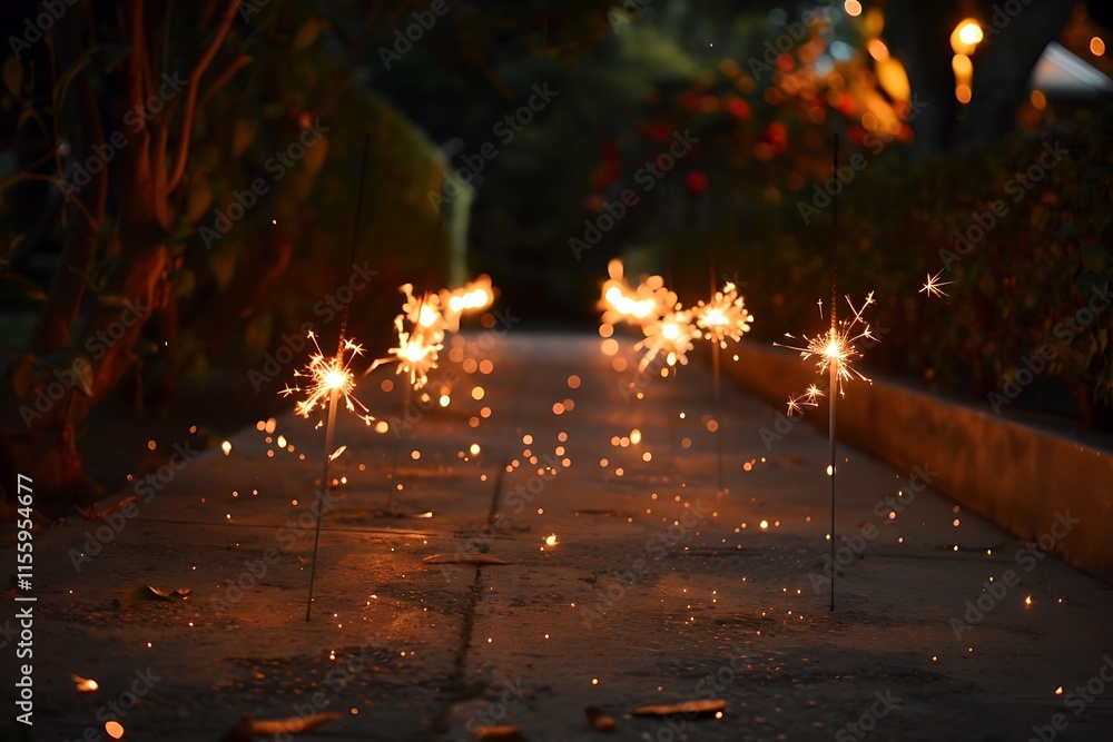 Poster sparklers placed in a row along a pathway, lighting the way.