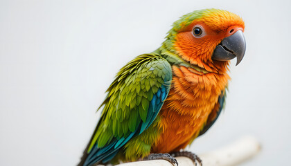 Obraz premium Parrot on a simple white perch, feathers detailed with high resolution against a white background.