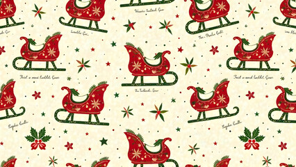 A charming vintage holiday pattern with sleighs, holly, and handwritten greetings, symmetrically laid out in muted green and red shades