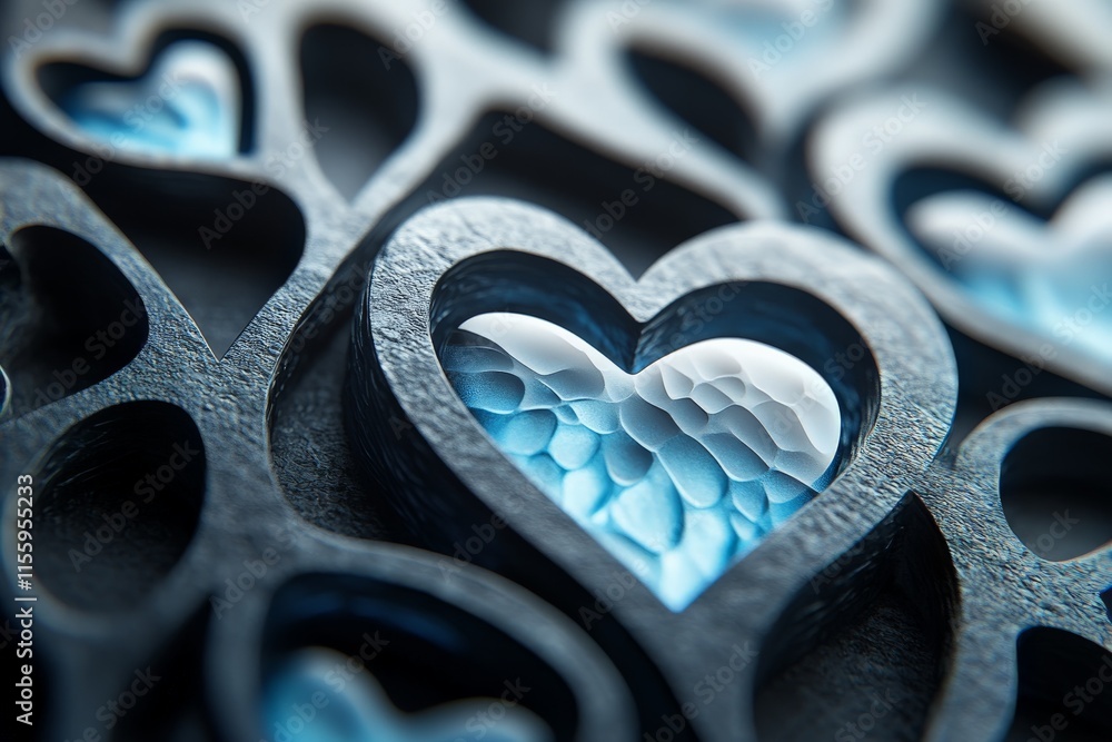 Poster intricate design featuring blue hearts set within a black layered pattern showcasing fine craftsmans