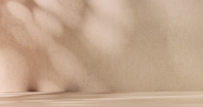 Looping Shadow of moving tree leaves on the beige empty room wall 3d render. Seamless blurred sunlight effect motion background