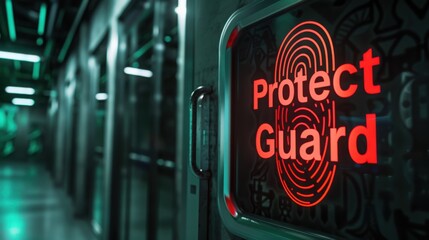 A warning sign with the words "Protect" and "Guard" in bold letters, alongside a digital fingerprint scanner, representing security measures. 