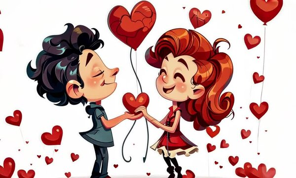 Whimsical cartoon couple on a date with love hearts and cheerful expressions.