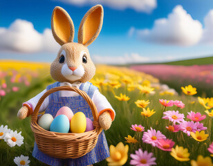 Easter bunny in clothing holding a basket of colorful easter eggs in a field surrounded by flowers, concept for Easter, holiday, religious, tradition.