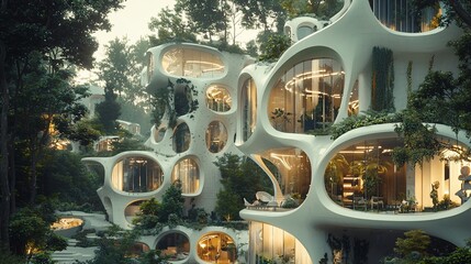 Futuristic organic architecture nestled in lush forest.