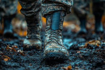 Generative AI Image of Military Soldier Marching in Tactical Boots with Army Squad in Background in Forest Setting