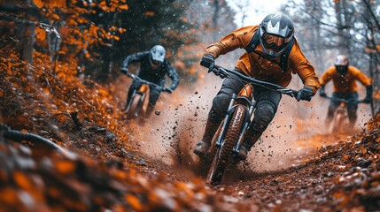 Mountain Bikers Racing Through Muddy Forest Trail in Autumn Wearing Helmets and Gear for Downhill Adventure and Extreme Sport