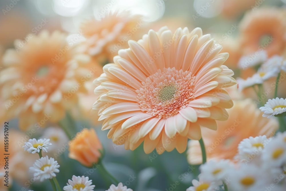 Wall mural Vibrant orange gerbera daisies bloom in a sunny garden filled with colorful flowers during springtime