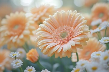 Vibrant orange gerbera daisies bloom in a sunny garden filled with colorful flowers during springtime