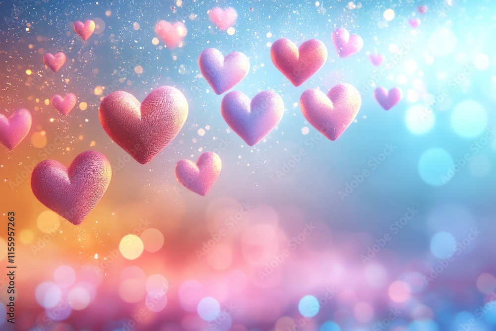 Aufkleber floating pink hearts create a whimsical and romantic atmosphere in a colorful background with sparkl