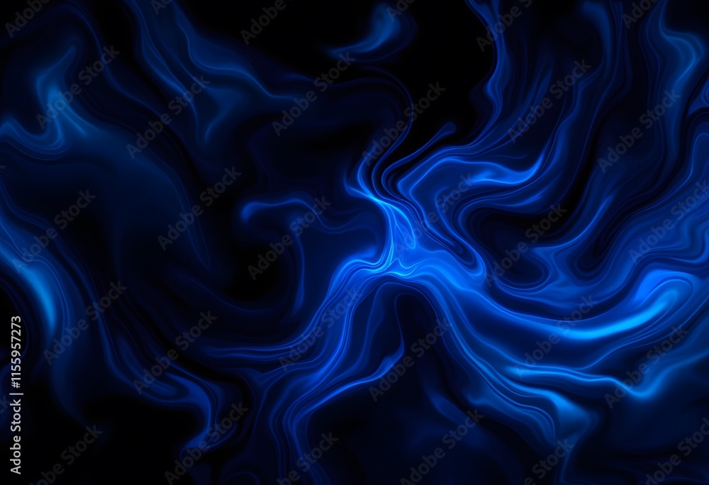 Poster bright blue glowing smoke pattern on black background. abstract fluid waves with dynamic movement. m
