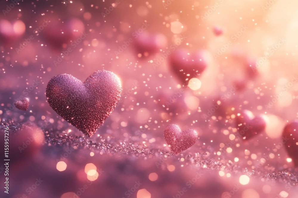 Poster glittering pink hearts float in a dreamy background filled with soft light and sparkling particles