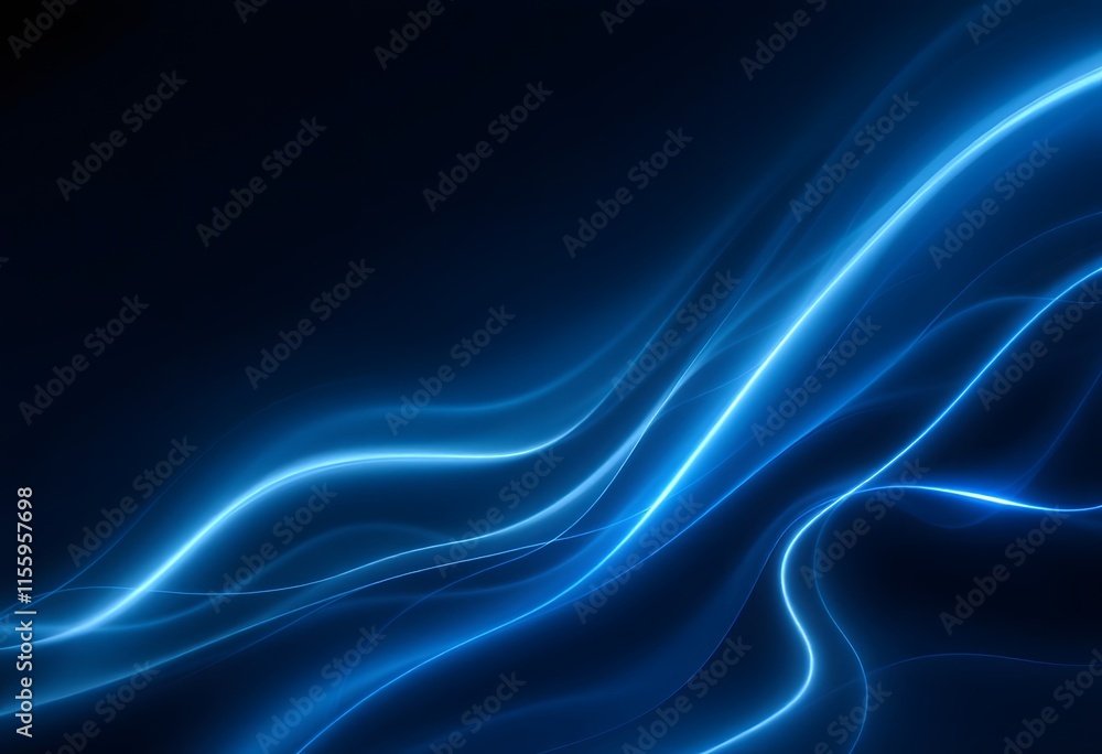 Poster glowing blue neon waves on dark background. abstract light effect with smooth curves. modern digital