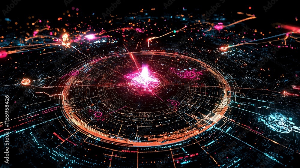 Poster Futuristic HUD interface with glowing circular energy core and digital data streams.