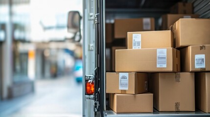 Delivery action packed boxes urban setting transportation content commercial environment street view logistics concept