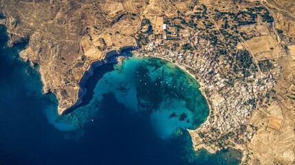 Fototapeta premium Greece. Rhodes Island. Lindos Acropolis. A view of St. Paul's Bay in the shape of a heart from the summit of the historic Athena Lindia temple, which dates back to the fourth century BC