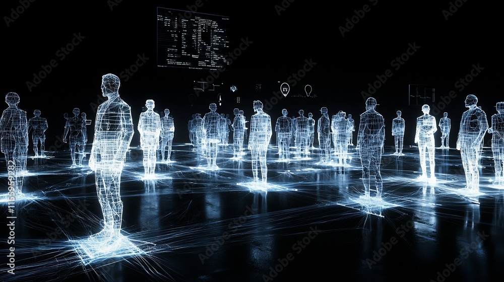 Poster network of glowing digital human figures interconnected in a dark space.