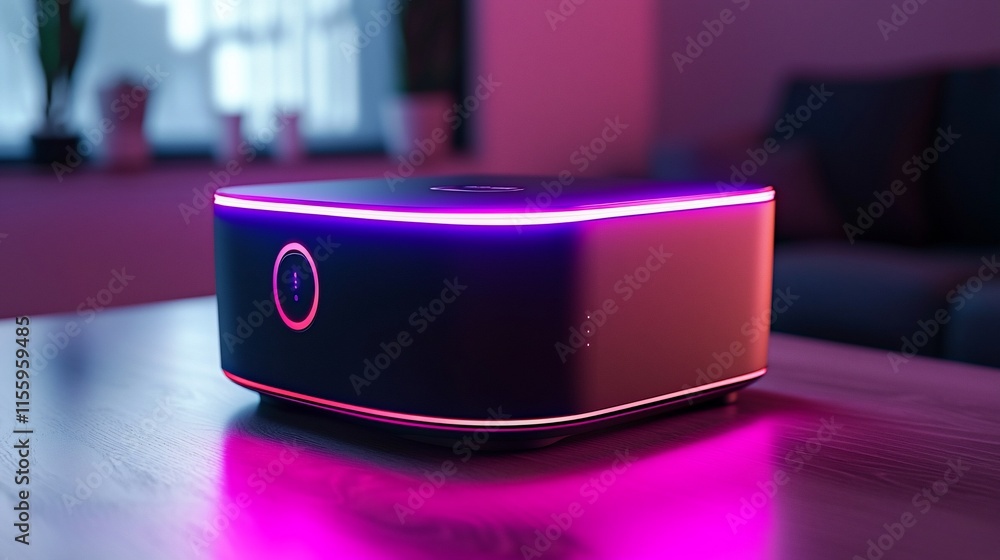 Poster smart speaker with vibrant led light on a table.