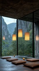 Tranquil Meditation Space: Floor Cushions, Natural Stones & Wall-Mounted Water Fountain