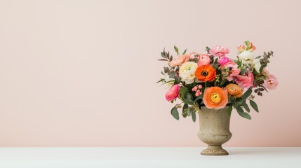 Fototapeta premium Colorful spring flower arrangement in a vintage vase for beautiful home decor