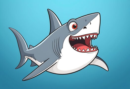 Cartoon shark with wide-open mouth against a teal background. A cheerful cartoon depiction of a great white shark
