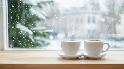 Fototapeta premium Cozy cafe retreat with steaming coffee cups on a winter day