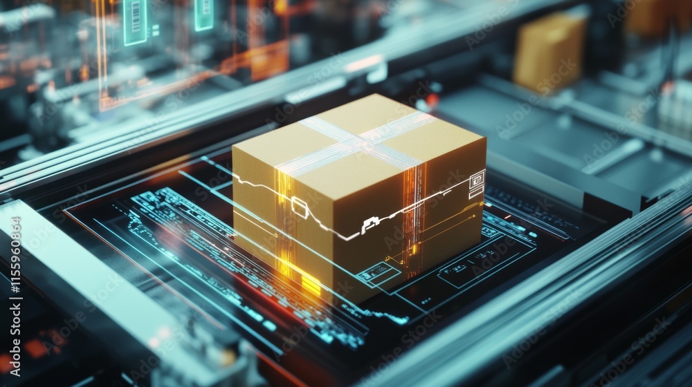 Aufkleber automated package processing warehouse digital technology futuristic environment close-up view effic