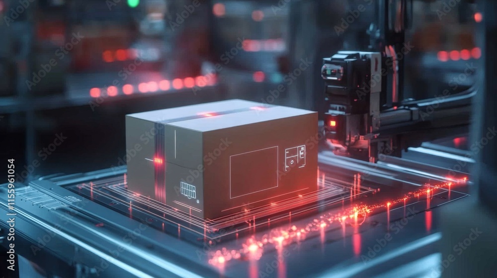 Poster automated package handling high-tech warehouse digital imaging futuristic environment close-up view 