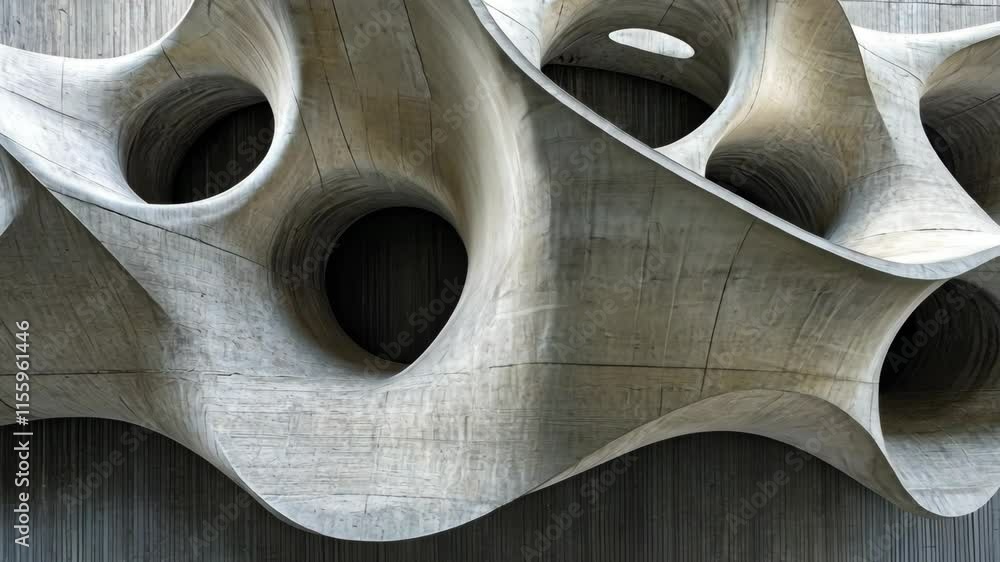 Poster sculptural concrete wall with organic patterns and circular openings in modern architectural design