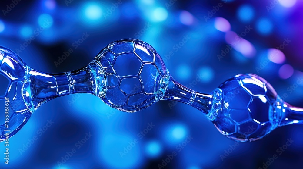 Poster material science and biomaterials, molecular structure in blue tones with spherical elements and glo