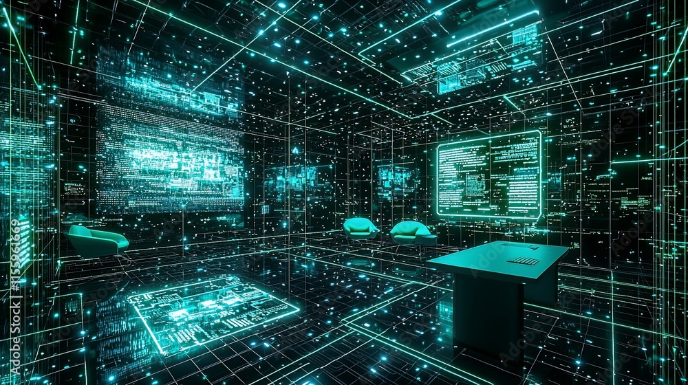 Poster Futuristic digital room with holographic displays and data streams.