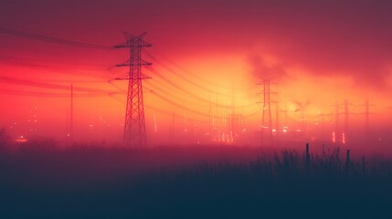 Naklejka premium Vibrant Sunset Over Urban Power Towers