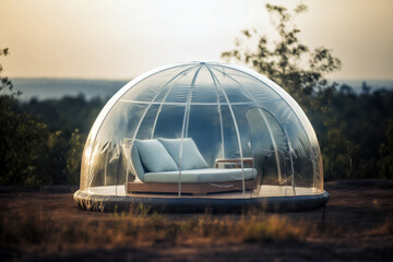 Obraz premium A transparent travel dome set in a pristine natural location, artistic bokeh background
