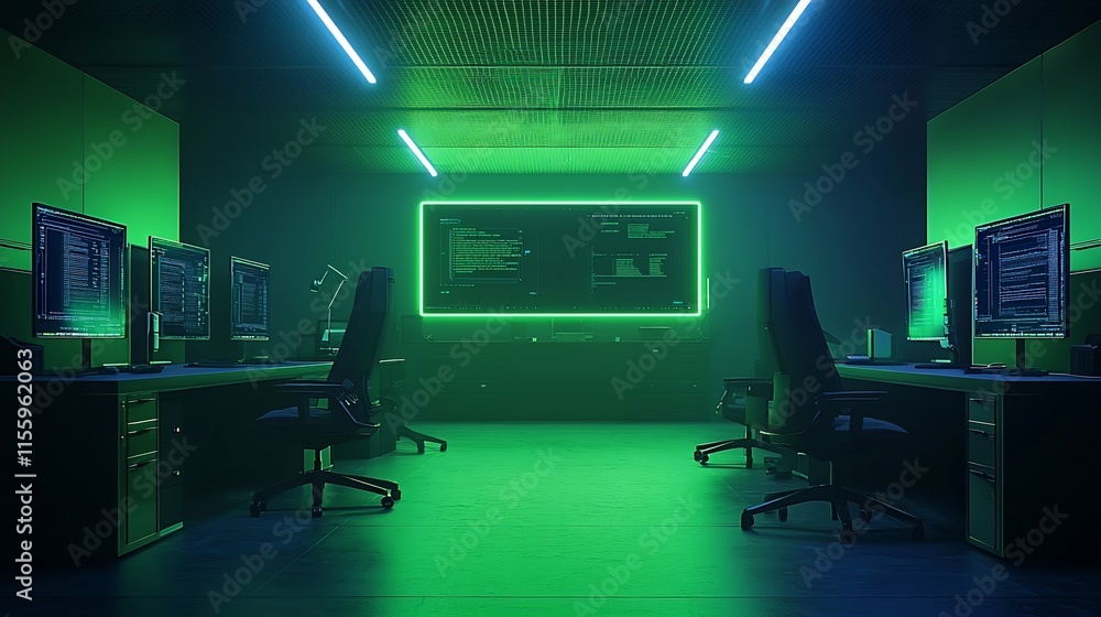 Aufkleber Green-lit server room with multiple computers and large screen displaying code.