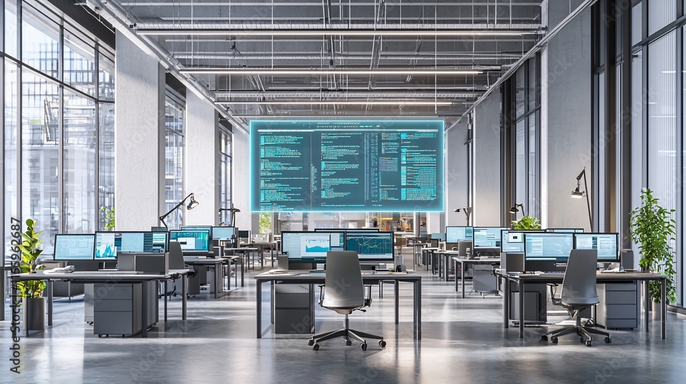 Poster Modern open-plan office with large digital screen displaying code.