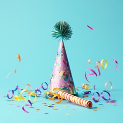 Colorful party hat with confetti on blue background.