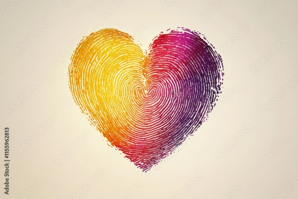 Poster heart shaped design made with colorful fingerprint patterns representing love and individuality in a