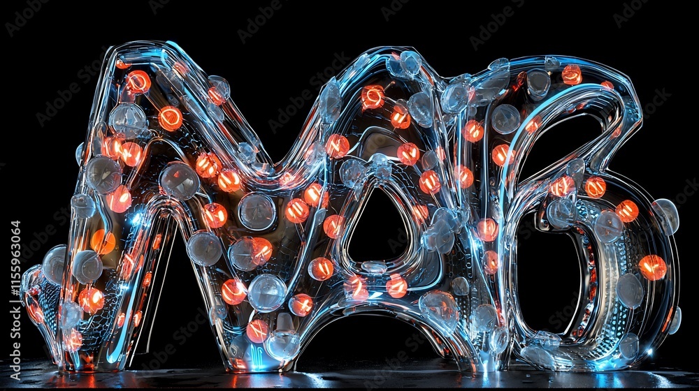 Aufkleber Abstract 3D rendering of glowing letters NB with embedded spheres.