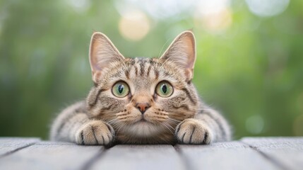 Fototapeta premium Curious cat with green eyes looking over wooden surface in nature