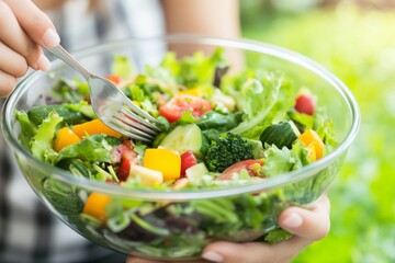 An Asian young woman, filled with joy, uses a fork to bite into a tomato, fresh vegetable, or green salad, dining on nutritious food at her table. She is committed to a healthy diet, particularly