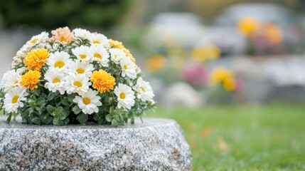 Custom engraved memorial plaque with spring flowers decoration in a serene garden setting